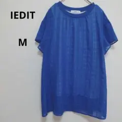 IEDIT 半袖 Tシャツ M 青 チェック 透け感 下地付き
