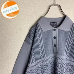 襟付きニット ハーフボタン 幾何学模様 レトロ感 ビッグサイズ ゆるダボ 古着