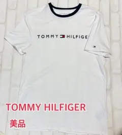 トミーヒルフィガー ロゴ刺繍 半袖Tシャツ メンズM ホワイト×ネイビー