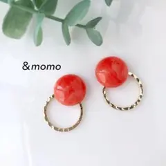 64 オレンジマーブル×フープ　2way ハンドメイド　ピアス　イヤリング