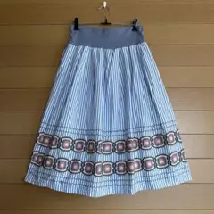フォークロア風 コットンプリントフレアスカート ストライプ 裾柄 総ゴム