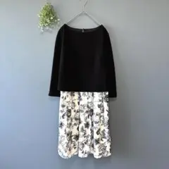 イディット［XL］シックカラーフラワープリント　ドッキングミモレ丈ワンピース