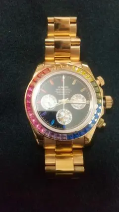 希少定価45000ゴールド クロノグラフ 時計 カラフルベゼル