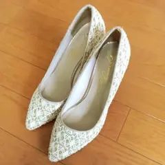 レースパンプス ゴールド系 23cm ヒール約8cm 結婚式・パーティー