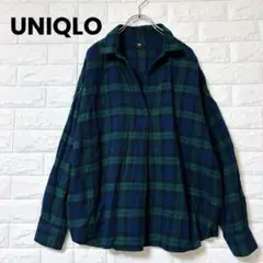 ユニクロ シャツ 長袖 スキッパー チェック 紺 緑 ゆったり カジュアル L
