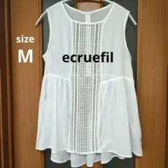 ecruefil ホワイトノースリーブトップス レースディテール コットン M