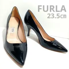 美品☆FURLA ポインテッドトゥ パンプス ハイヒール エナメル 黒 23.5