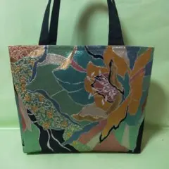 帯リメイク　トートバッグ　草花　唐草花
