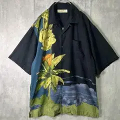 高級シルク アート アロハシャツ 開襟 黒 Tommy Bahama M
