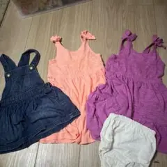 デニムサロペットとカラーワンピースセット