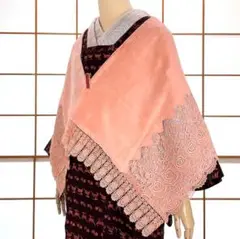 ベルベット・レース ショール サーモンピンク ビンテージ着物 B-0452