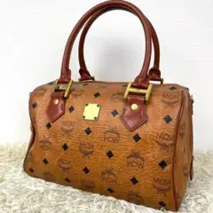 伊製 MCM ゴールドロゴプレート 総柄 ミニボストンバッグ レザー