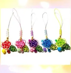 水引ストラップ鈴つき5個セット梅結び+玉結び+葉っぱ ② プレゼント 縁起物