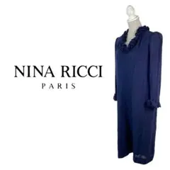 12T707☆ NINA RICCI ネイビー ウール100% ロングワンピース