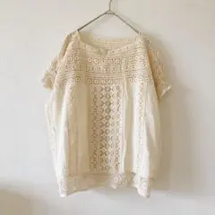 美品 eteroite レース編みカットソー 半袖 S オフホワイト 4627