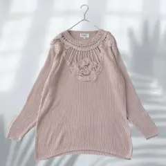 アパート 長袖リブニット 胸元かぎ編みデザイン フェミニン きれいめ E5487