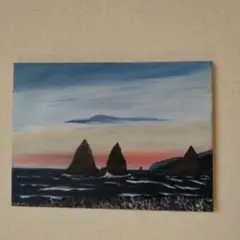自作風景油彩画 北海道瀬棚海岸の夕暮れ サイズF-4 張りキャンパス画