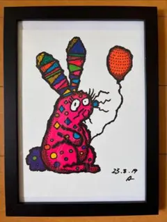 原画 手描き 高級感 一点物 『風船を持つ変わり者のうさぎ』