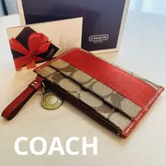 新品同様 コーチ カードケース レッド×ブラウン系 キャンバス×レザーCOACH