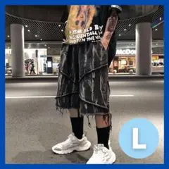 ブラックデニム タイダイ柄 フリンジ ハーフパンツ ショートパンツ ストリート