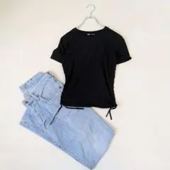 【ZARA/ザラ】サイドギャザーTシャツ☆半袖『S』ブラック　シンプル　リボン