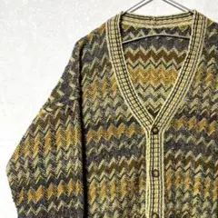 デザインニット　カーディガン　総柄　ヴィンテージ　レトロ　ジグザグ縞　ボーダー
