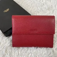 【美品 希少】CELINE 折り財布 三つ折り オールレザー ロゴ型押し レッド