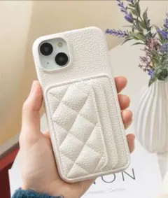 ダイヤ柄カード収納付きホワイトiPhoneケース