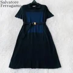サルヴァトーレフェラガモ ワンピース ロング ヴァラリボン ベルト 黒 綿100