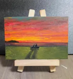 夕陽の中の2人　アクリル画 小型