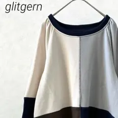 glitgern カットソー クルーネック 七分袖 パッチワーク風 ゆったり