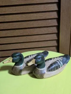 カモ(マガモ)置物　彫刻 2体セット　インテリア　木製
