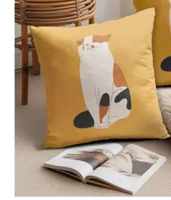 猫イラスト クッションカバー イエロー