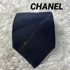 美品✨シャネル　シルクネクタイ 紺地　斜めストラップ　CHANEL ココマーク