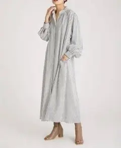 美品 FRAY I.D ギャザーロングシャツワンピース Ｆ ストライプ 白×黒