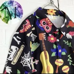 新品　未使用　メキシコ　総柄　黒　アロハ　シャツ　メンズ　エスニック　スカル