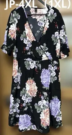 新品同様 JP-4XL（1XL）花柄 Vネック 半袖 ひざ丈ワンピース