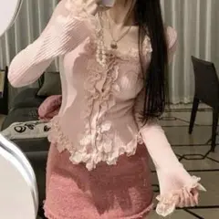 SHEIN フリル付きピンクリブニット