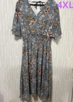 【大きいサイズ4XL】フラワー柄 半袖ワンピース ロング ウエストマーク ゴム
