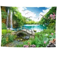 新作！タペストリー金具付E98　湖　のどか　白鳥　カモメ　蓮の花　滝　景色　風景