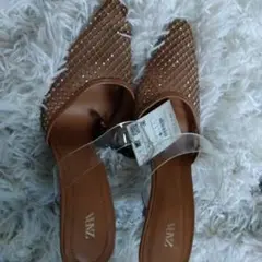 ※未使用※ZARA ビジュー付き ヌードミュール サンダル37