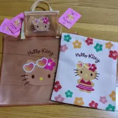 日焼けキティ3種　PVCトートバック＆巾着 ＆フラットポーチS　ダイソー