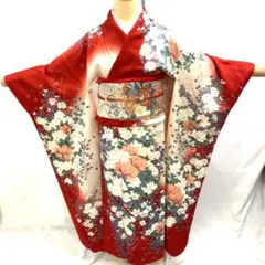 【振袖3】着物 振袖 正絹 袷 着物 牡丹 赤 単品販売 ~163cm