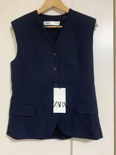 最終価格 新品未使用 ZARA ピンストライプベスト M ジレ ネイビー ザラ