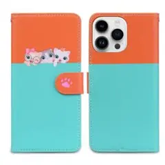 猫ちゃん手帳型ケース　iphone15Pro オレンジ+水色　スマホケース