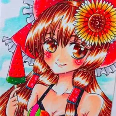 自作 手描き☆ハガキサイズ☆霊夢とスイカアイス☆博麗霊夢☆東方☆東方プロジェクト