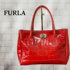 FURLA フルラ ハンドバック クロコ型押し レッド 保存袋付き