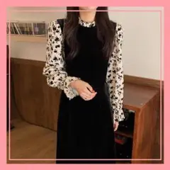 限定品♡レトロ 花柄ワンピース 異素材 シャツ ワンピ ベロア Aライン
