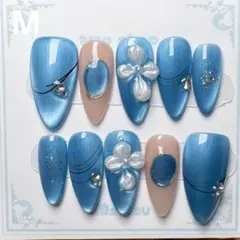 ブルーマグネット×立体フラワー＆ビジューネイルチップ