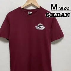 USA古着　GILDAN　Tシャツ　M　ワインレッド　プリント　ロゴ　キャンプ